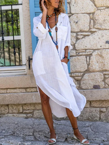 Solid Colour Buttoned Slit Loose Breathable Casual Long Shirt Dress - Shello's Creative Boutique