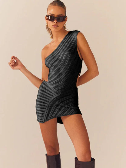 Hollow Sexy Tight Skirt with Hollowed Waist and One Shoulder Patchwork Dress - Shello's Creative Boutique