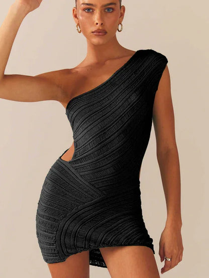 Hollow Sexy Tight Skirt with Hollowed Waist and One Shoulder Patchwork Dress - Shello's Creative Boutique