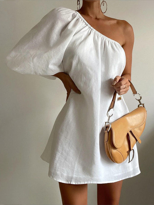 New women's solid color women's fashionable loose slimming slanted shoulder short dress Shello Creative Boutique