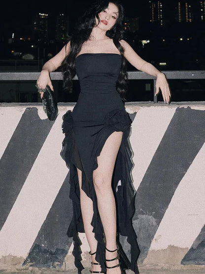 Women's Sexy Style Breast-Wrapped Splicing Lace Exposed Leg-Slit Dress - Shello's Creative Boutique