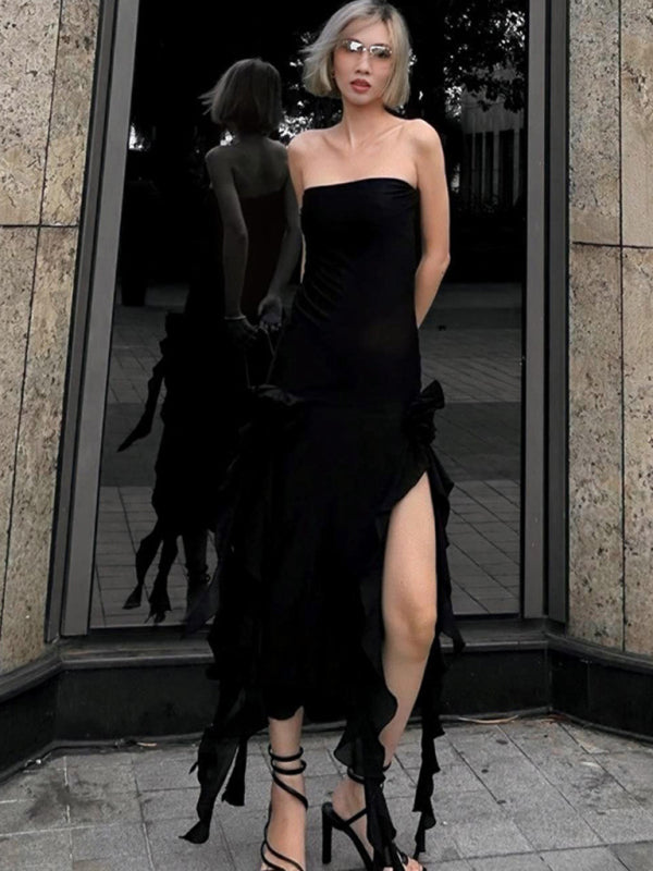 Women's Sexy Style Breast-Wrapped Splicing Lace Exposed Leg-Slit Dress Shello Creative Boutique