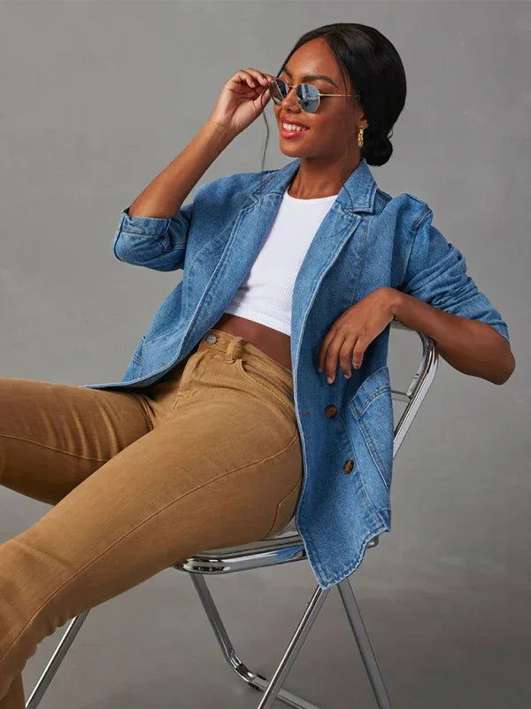 New Vintage Light Color Heavy Washed Denim Suit Jacket - Shello's Creative Boutique