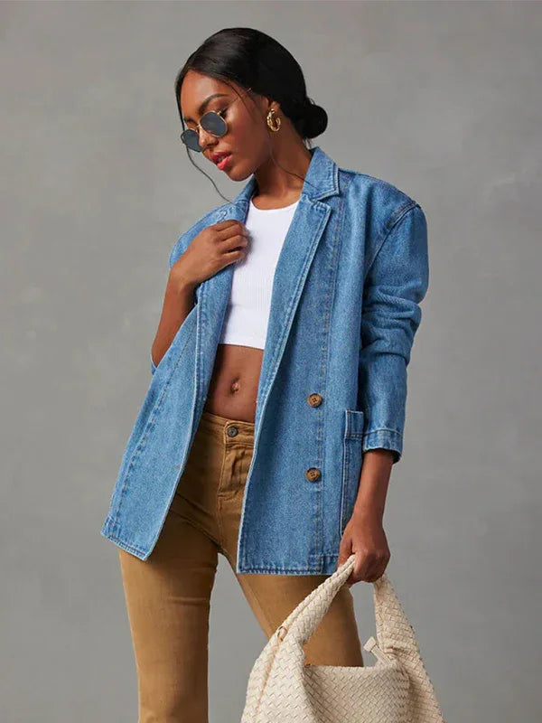 New Vintage Light Color Heavy Washed Denim Suit Jacket - Shello's Creative Boutique