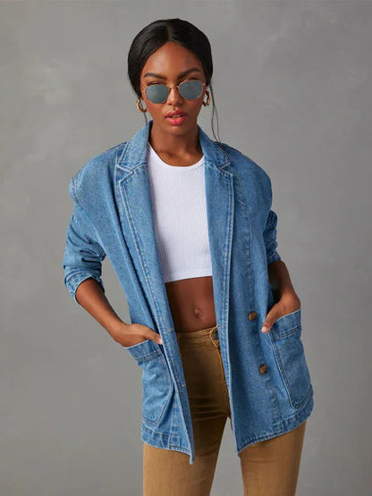 New Vintage Light Color Heavy Washed Denim Suit Jacket - Shello's Creative Boutique