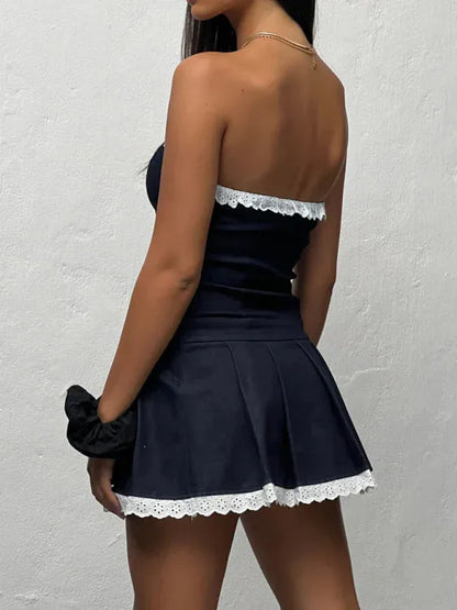 Solid Color Sexy Slim Fit Tube Top Sleeveless Denim Pleated Miniskirt - Shello's Creative Boutique