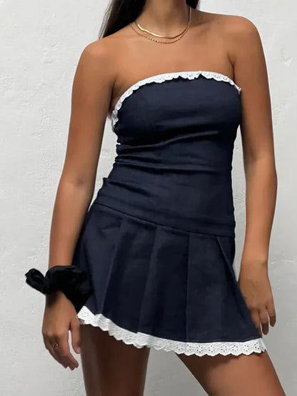 Solid Color Sexy Slim Fit Tube Top Sleeveless Denim Pleated Miniskirt - Shello's Creative Boutique