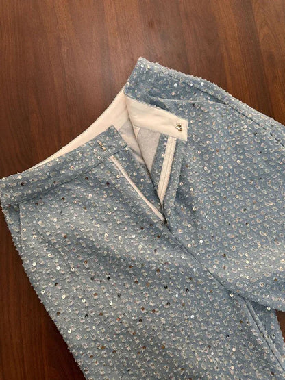 Women's Casual Sequined Denim Straight Pants – Sparkle Flow Edit - Shello's Creative Boutique