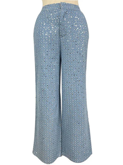 Women's Casual Sequined Denim Straight Pants – Sparkle Flow Edit - Shello's Creative Boutique