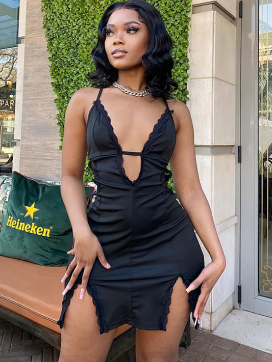 New sling hollow street trendy lace splicing slit hip dress Shello's Creative Boutique