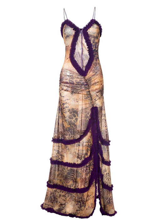 New suspender hollow pleated lace slit dress Shello's Creative Boutique