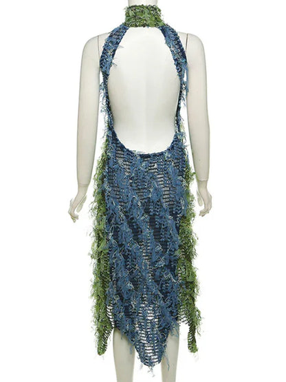 Women's Sexy Tassel Long Dress with High Collar Sleeveless Design - Shello's Creative Boutique