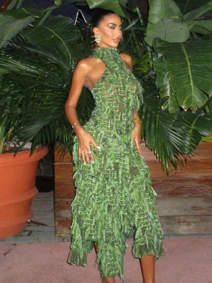 Women's Sexy Tassel Long Dress with High Collar Sleeveless Design - Shello's Creative Boutique