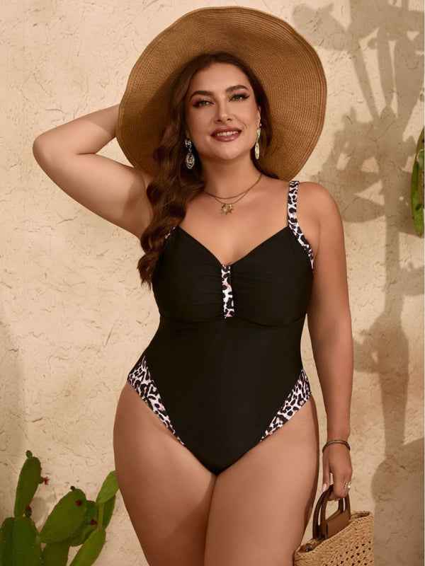 Plus Size Pure Black Leopard Print One-Piece Slim Bikini Swimsuit