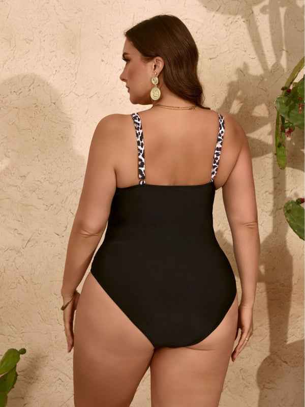 Plus Size Pure Black Leopard Print One-Piece Slim Bikini Swimsuit