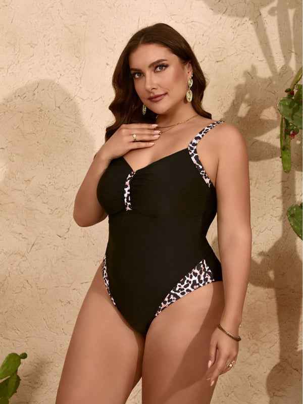 Plus Size Pure Black Leopard Print One-Piece Slim Bikini Swimsuit