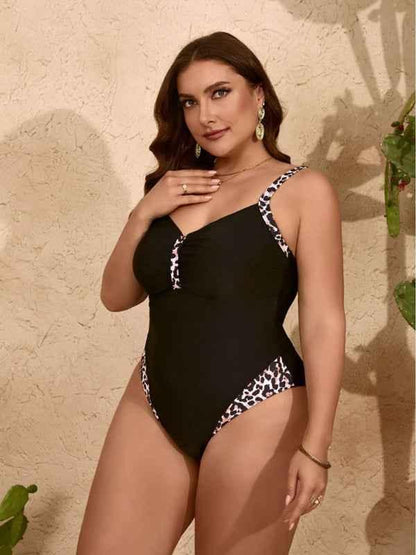 Plus Size Leopard Print Bikini - Pure Black One-Piece Slim Swimsuit - Shello's Creative Boutique