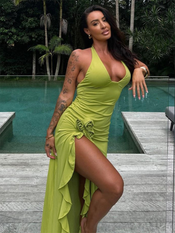 New Fashion Sexy Solid Color Slim High Waist V-neck Halter Backless Dress Shello's Creative Boutique