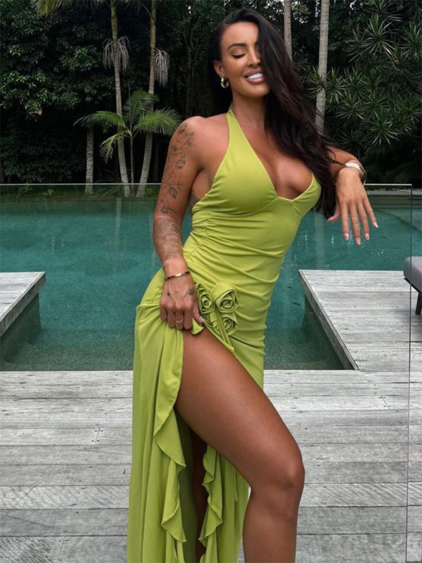 New Fashion Sexy Solid Color Slim High Waist V-neck Halter Backless Dress Shello's Creative Boutique