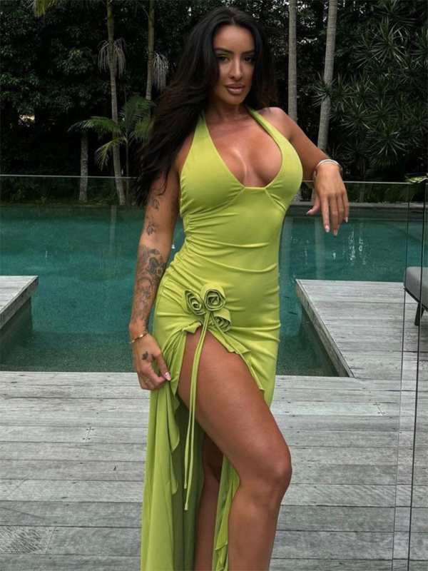New Fashion Sexy Solid Color Slim High Waist V-neck Halter Backless Dress Shello's Creative Boutique