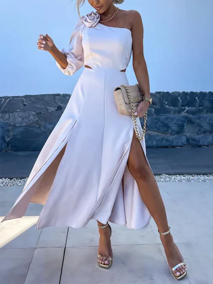 New Casual Party Dress with Slanted Shoulder Slit and Double Layer Design - Shello's Creative Boutique