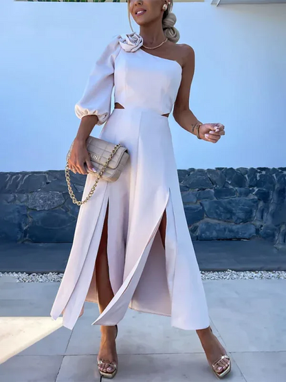 New Casual Party Dress with Slanted Shoulder Slit and Double Layer Design - Shello's Creative Boutique