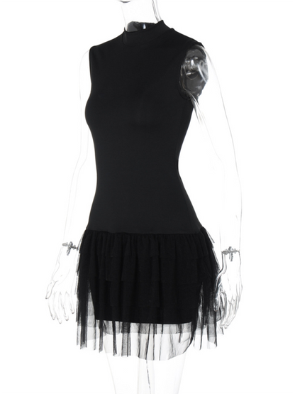 Women's new fashion fashion stand collar sleeveless waist solid color splicing dress Shello's Creative Boutique