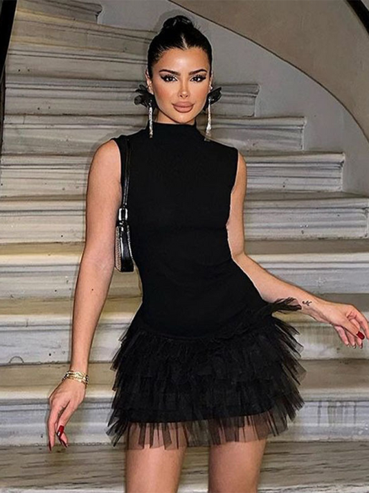Women's new fashion fashion stand collar sleeveless waist solid color splicing dress Shello's Creative Boutique