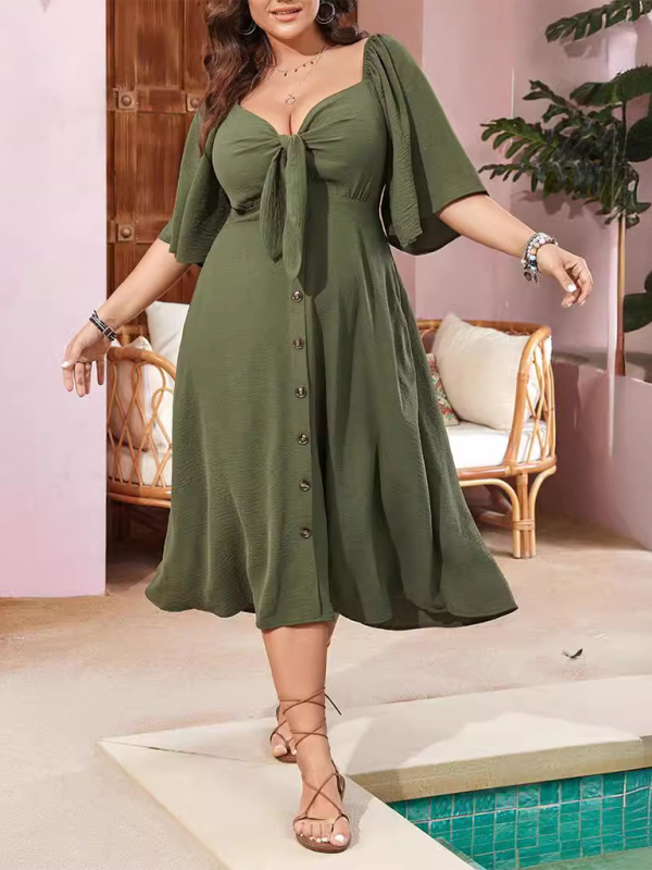 Plus Size Bow V-Neck Short-Sleeved Dress