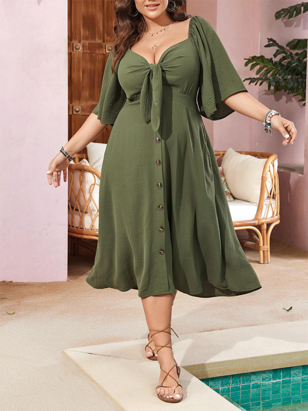 Plus Size Bow V-Neck Short-Sleeved Dress
