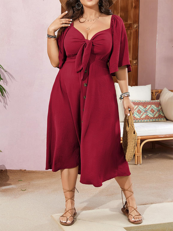 Plus Size Bow V-Neck Short-Sleeved Dress