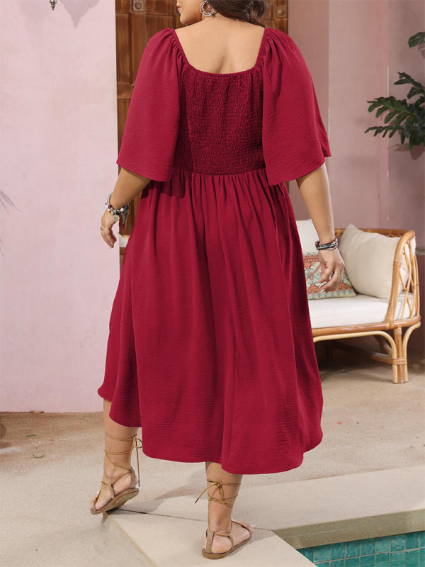 Plus Size Bow V-Neck Short-Sleeved Dress