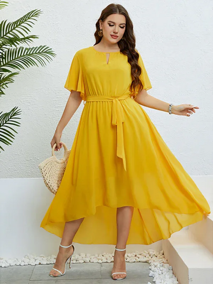 Plus Size Yellow V-Neck Dress with Strappy Waist for Women – Stylish and Comfortable - Shello's Creative Boutique