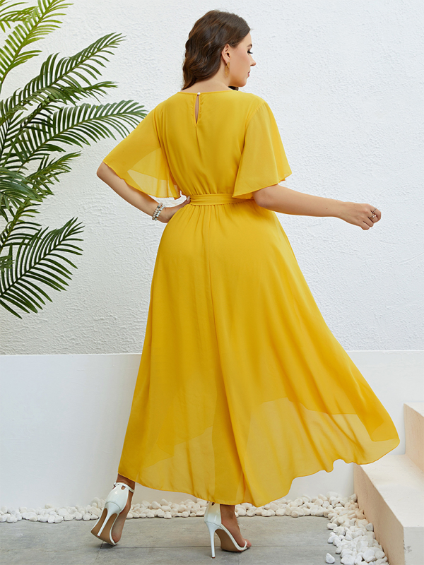 Plus Size Women's Yellow V-Neck Strappy Waist Dress