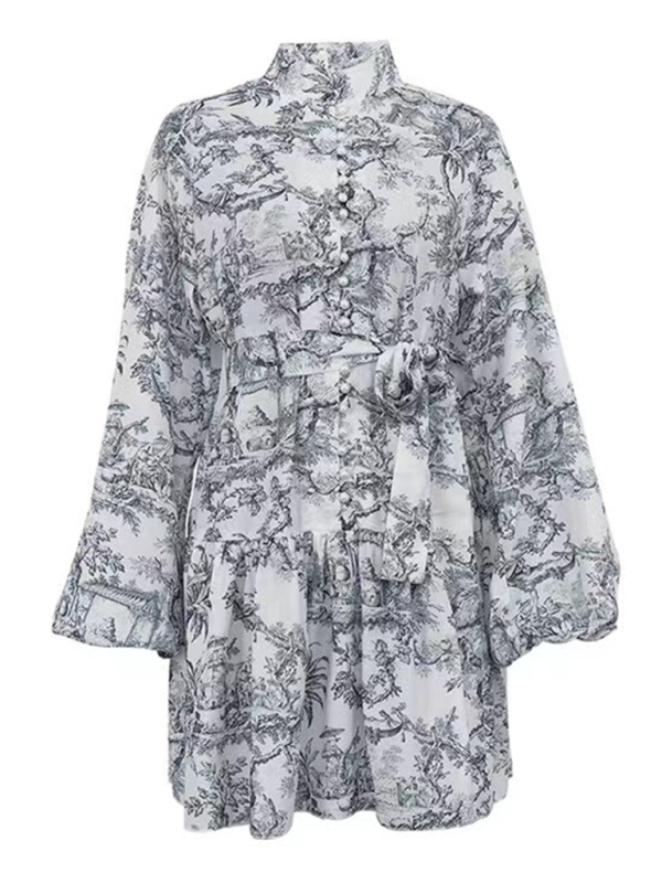Ink printed puff sleeves, stand collar, lace-up retro a-line short dress Shello's Creative Boutique