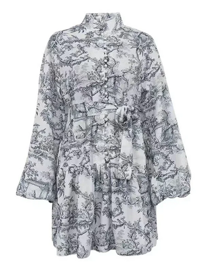 Ink Printed A-line Short Dress with Puff Sleeves and Stand Collar Lace-up Design - Shello's Creative Boutique
