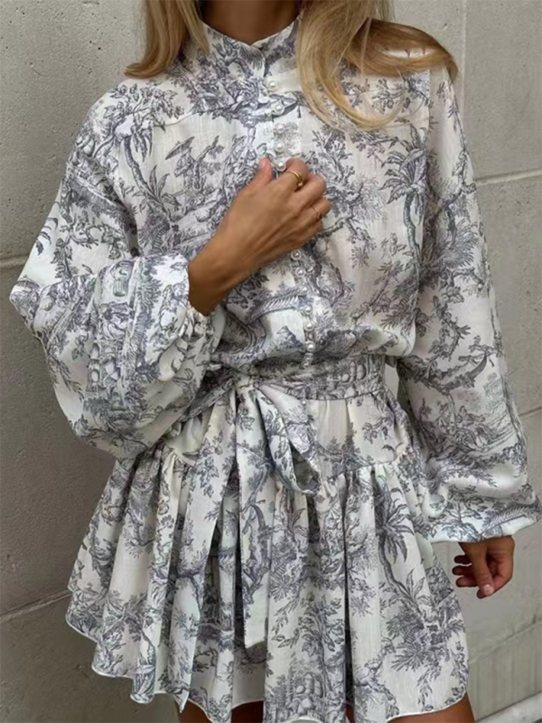 Ink printed puff sleeves, stand collar, lace-up retro a-line short dress Shello's Creative Boutique