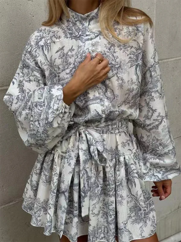 Ink Printed A-line Short Dress with Puff Sleeves and Stand Collar Lace-up Design - Shello's Creative Boutique