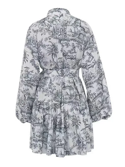 Ink Printed A-line Short Dress with Puff Sleeves and Stand Collar Lace-up Design - Shello's Creative Boutique