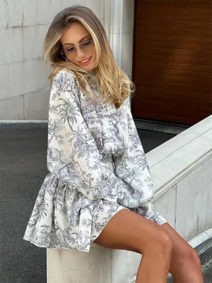 Ink Printed A-line Short Dress with Puff Sleeves and Stand Collar Lace-up Design - Shello's Creative Boutique