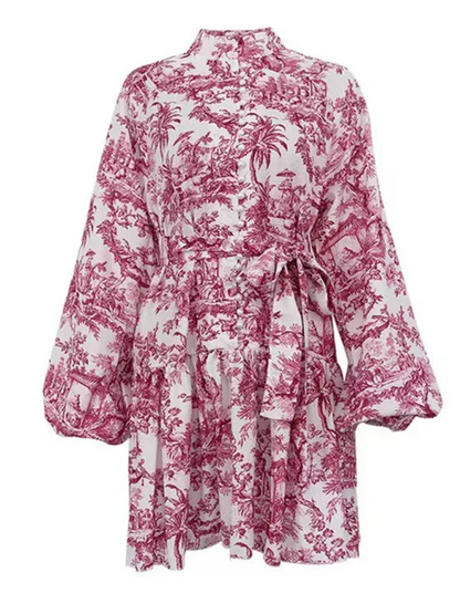 Ink Printed A-line Short Dress with Puff Sleeves and Stand Collar Lace-up Design - Shello's Creative Boutique
