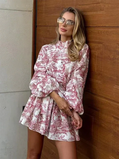 Ink Printed A-line Short Dress with Puff Sleeves and Stand Collar Lace-up Design - Shello's Creative Boutique