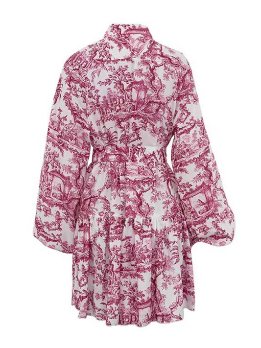 Ink printed puff sleeves, stand collar, lace-up retro a-line short dress Shello's Creative Boutique