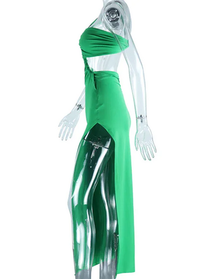 Off-Shoulder Backless Evening Dress with Long Slit - Solid Color Pullover - Shello's Creative Boutique