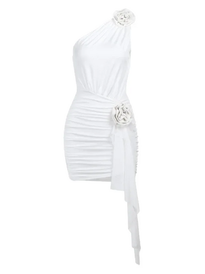 New Sexy One Shoulder Flower Hip Dress with Three-Dimensional Floral Design - Shello's Creative Boutique