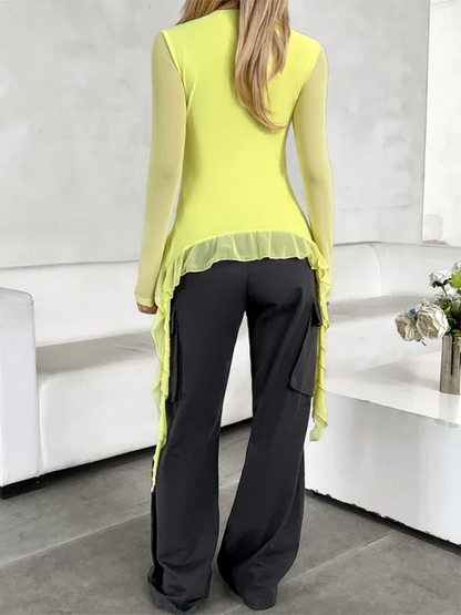 U-Neck Lace Mesh Top - Long-Sleeved Elegance and Charm - Shello's Creative Boutique