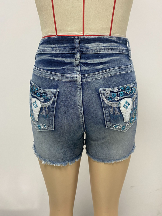 New American retro embroidered slim fit raw edge denim shorts Shello Creative Boutique