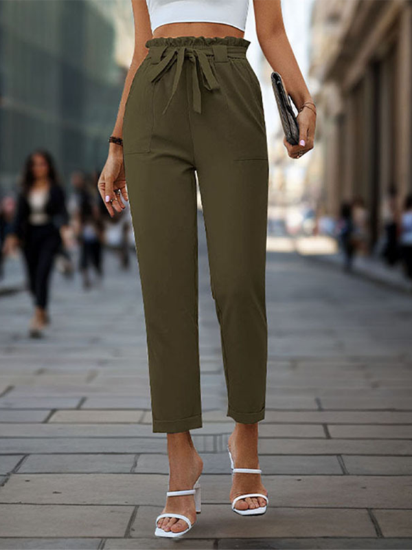 New solid color lace-up elastic waist trousers simple temperament commuter tapered trousers Shello's Creative Boutique