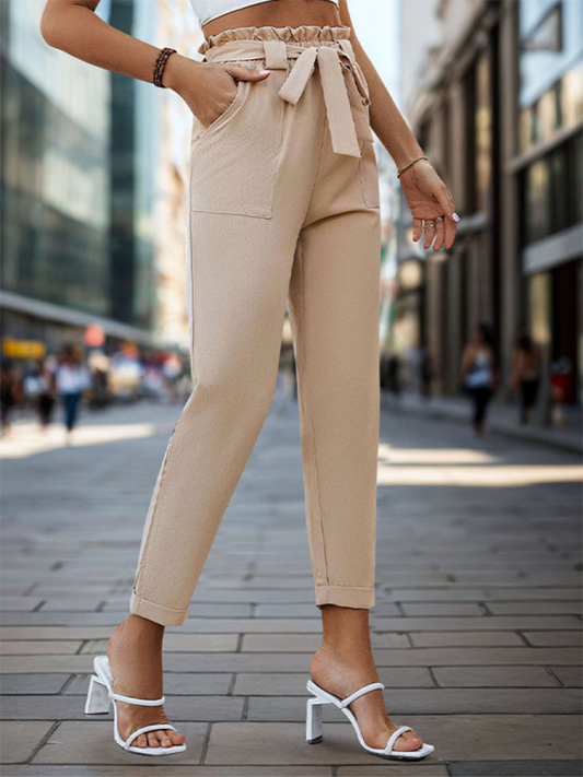 New solid color lace-up elastic waist trousers simple temperament commuter tapered trousers Shello's Creative Boutique