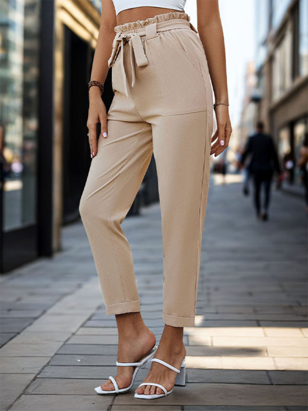 New solid color lace-up elastic waist trousers simple temperament commuter tapered trousers Shello's Creative Boutique